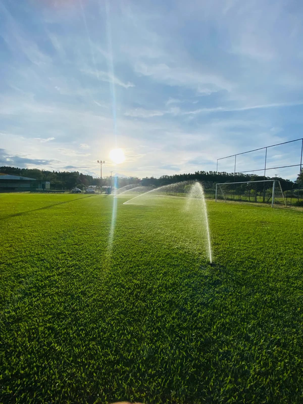 Aspersor em operação em área de gramado consolidado, contra o sol do fim da tarde